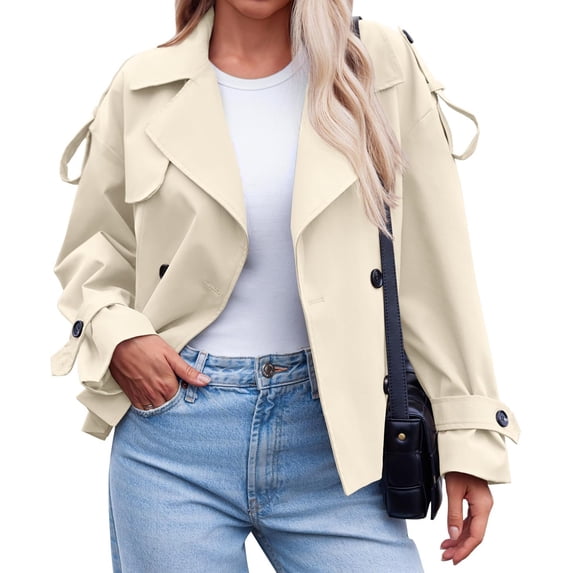 Spring Fall Women Long Sleeve Solid Double Breasted Lapel Trench Coat with Belt