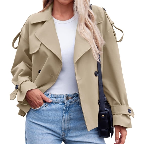 Spring Fall Women Long Sleeve Solid Double Breasted Lapel Trench Coat with Belt