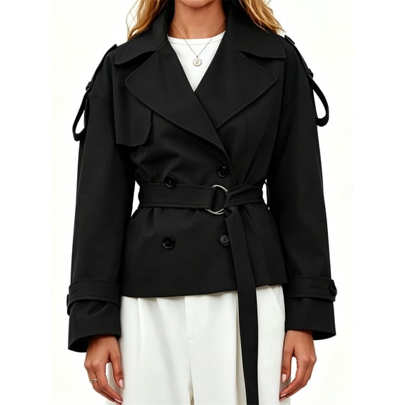 Spring Fall Women Long Sleeve Solid Double Breasted Lapel Trench Coat with Belt