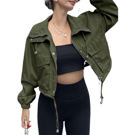 Spring Fall Women Long Sleeve Turn-down Collar Casual Zipper Jacket Loose Anorak Crop Coat with Pocket