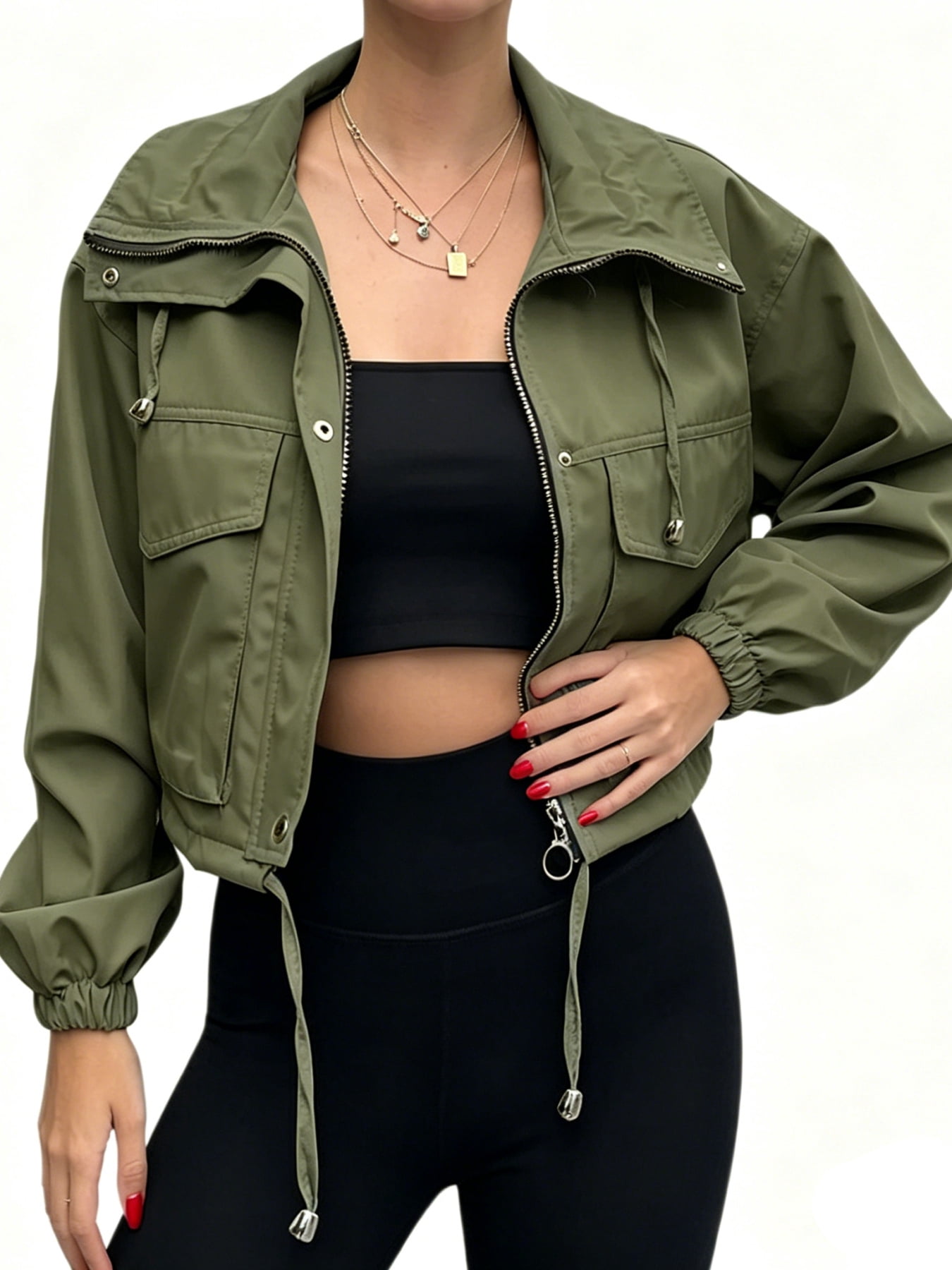 Spring Fall Women Long Sleeve Turn-down Collar Casual Zipper