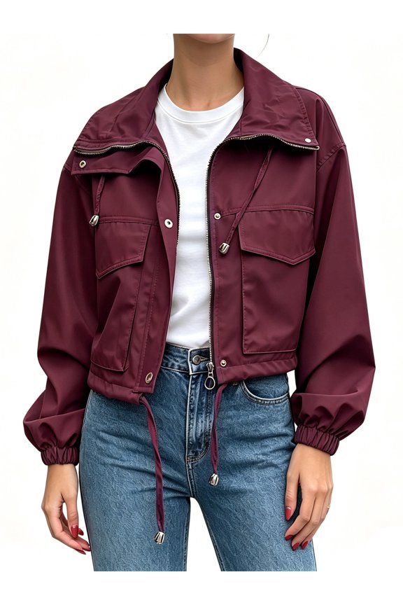 Spring Fall Women Long Sleeve Turn-down Collar Casual Zipper Jacket Loose Anorak Crop Coat with Pocket