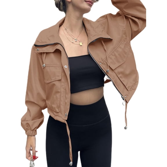 Spring Fall Women Long Sleeve Turn-down Collar Casual Zipper Jacket Loose Anorak Crop Coat with Pocket