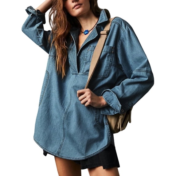 Spring Fall Women Long Sleeved Loose Denim Blouse Oversize V-neck Jeans Jacket with Pocket