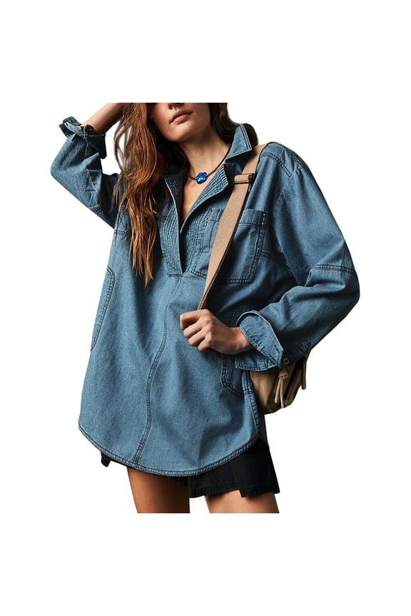 Spring Fall Women Long Sleeved Loose Denim Blouse Oversize V-neck Jeans Jacket with Pocket