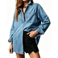 thumbnail image 1 of Spring Fall Women Long Sleeved Loose Denim Blouse Oversize V-neck Jeans Jacket with Pocket, 1 of 6