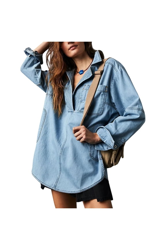 Spring Fall Women Long Sleeved Loose Denim Blouse Oversize V-neck Jeans Jacket with Pocket
