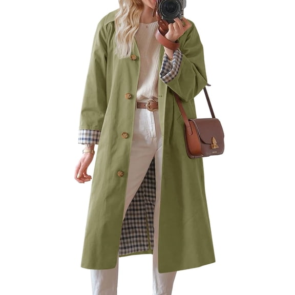 Spring Fall Women Plaid Patchwork Long Sleeved Single Breasted Casual Trench Coat