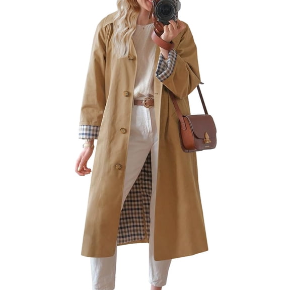 Spring Fall Women Plaid Patchwork Long Sleeved Single Breasted Casual Trench Coat