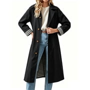 Spring Fall Women Plaid Patchwork Long Sleeved Single Breasted Casual Trench Coat