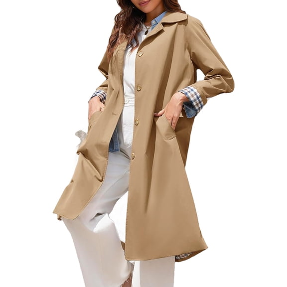 Spring Fall Women Plaid Patchwork Long Sleeved Single Breasted Casual Trench Coat