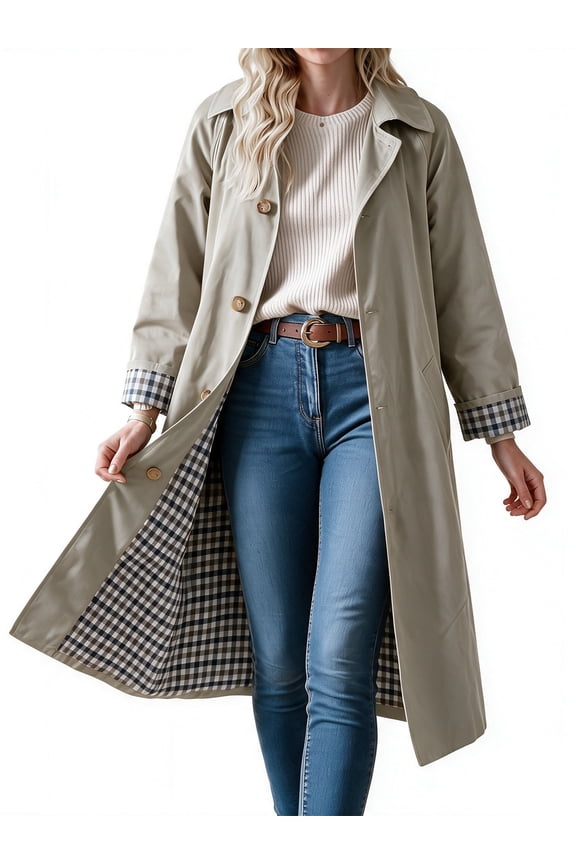 Spring Fall Women Plaid Patchwork Long Sleeved Single Breasted Casual Trench Coat