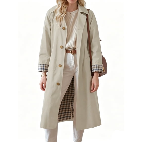 Spring Fall Women Plaid Patchwork Long Sleeved Single Breasted Casual Trench Coat