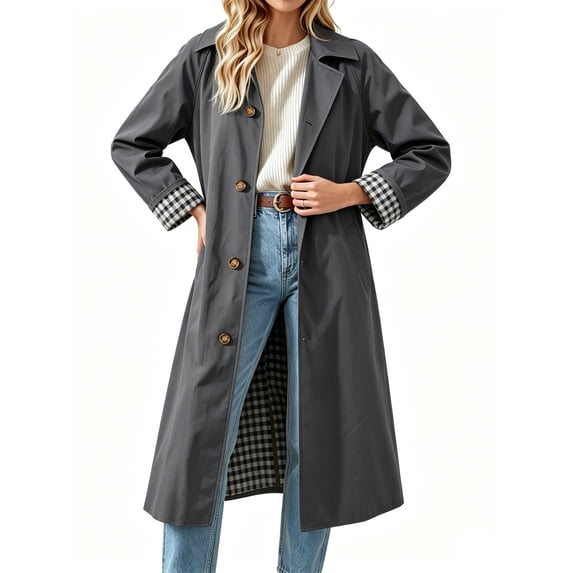 Spring Fall Women Plaid Patchwork Long Sleeved Single Breasted Casual Trench Coat