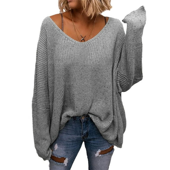 Spring Fall Women V-Neck Loose Knit Sweater Pullovers