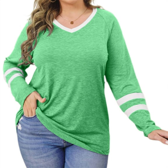 Spring Fall Women's Long Sleeve V-neck Casual Shirt Stripe Sleeve Loose Plus Size Tops