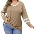 thumbnail image 1 of Spring Fall Women's Long Sleeve V-neck Casual Shirt Stripe Sleeve Loose Plus Size Tops, 1 of 5