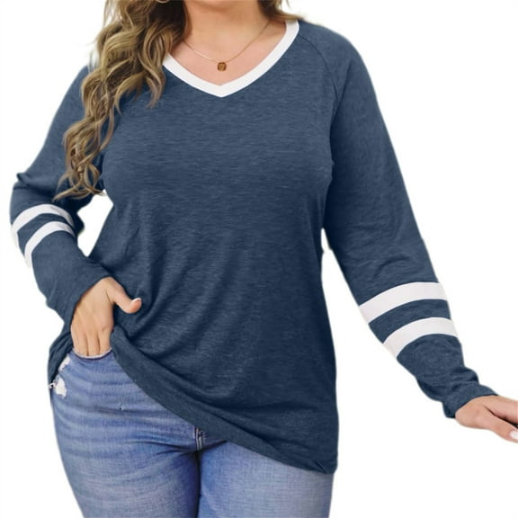 Spring Fall Women's Long Sleeve V-neck Casual Shirt Stripe Sleeve Loose Plus Size Tops