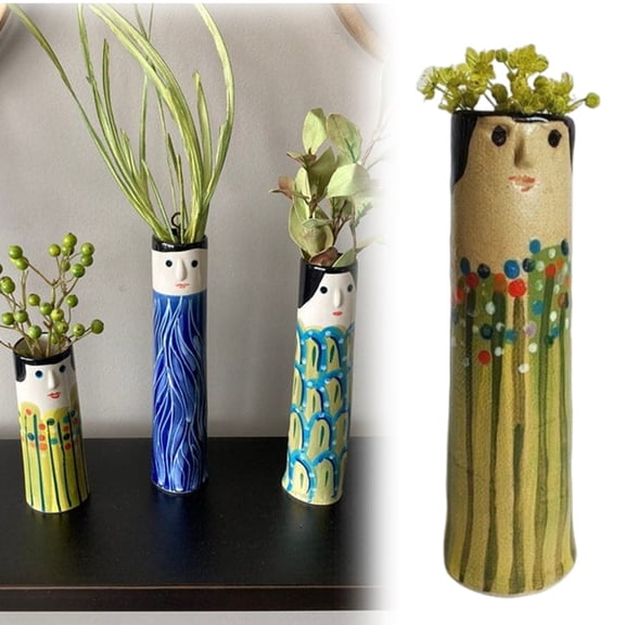 Spring Family Bud Vases, Boho Decor Cute Plant Holder, Cartoon Design Resin Vase for Living Room, Unique Small Bohemian Character Face Vase, Modern Floral Hand Painted Vases for Home