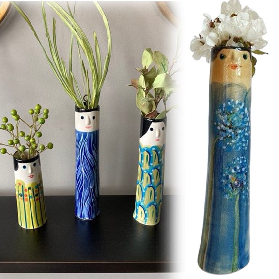 Spring Family Bud Vases, Boho Decor Cute Plant Holder, Cartoon Design Resin Vase for Living Room, Unique Small Bohemian Character Face Vase, Modern Floral Hand Painted Vases for Home