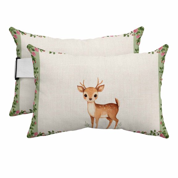 Spring Farm Deer Flower Leaves Outdoor Pillow for Chaise Lounge Chair,Rustic Plant on Linen Waterproof Headrest Lumbar Pillows with Insert&Elastic Strap for Patio Pool Garden Chairs Decor,2 Pack
