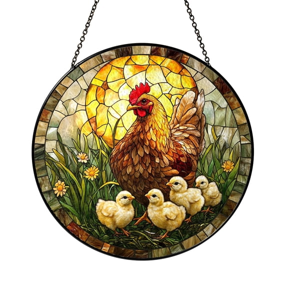 Spring Farm Glass Suncatcher, Stained Glass Effect Hen and Chicks Window Art for Home Decor