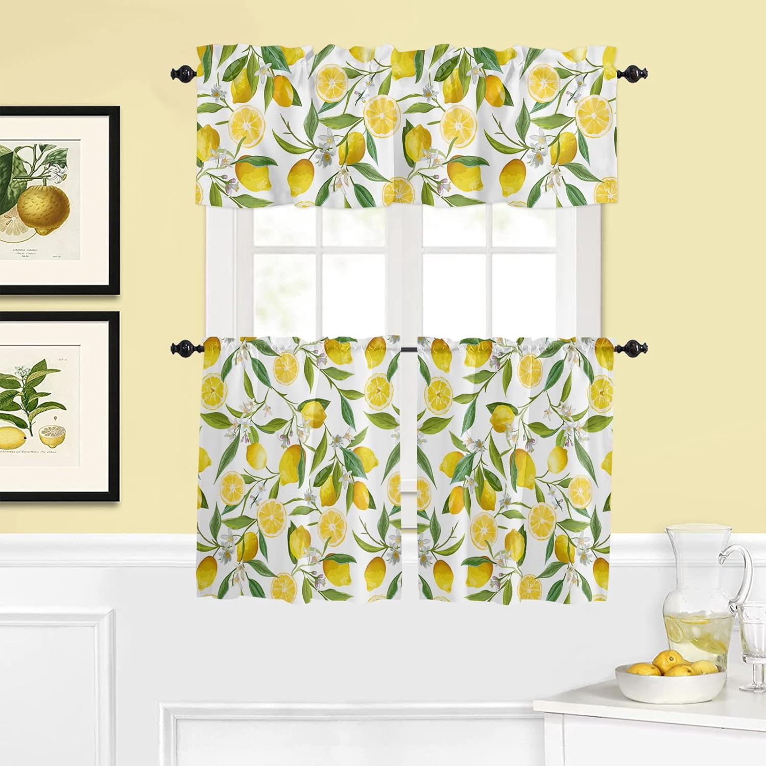 Spring Farm Lemon Kitchen Curtains | 3 Piece Yellow Fruit Green Leaf ...