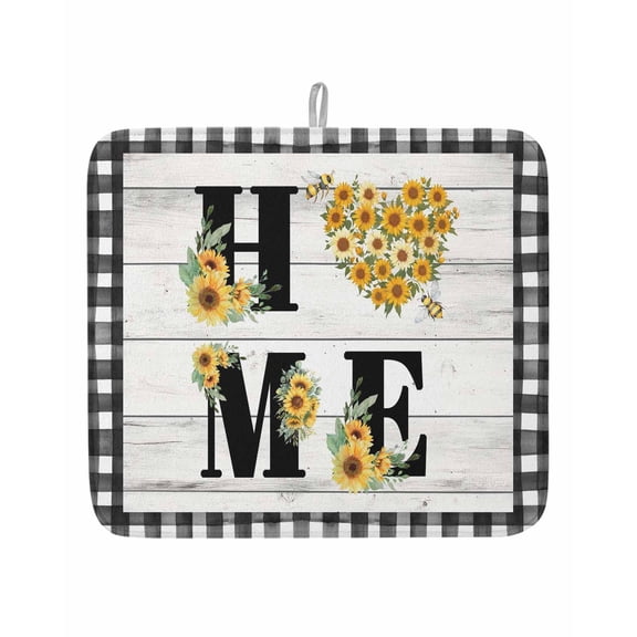Spring Farm Sunflowers Home Quotes Dish Drying Mats for Kitchen Counter,Absorbent Microfiber Dish Drainer Rack Mat Black White Plaid Drying Pad for Sinks,Utensils,Countertops,16x18in