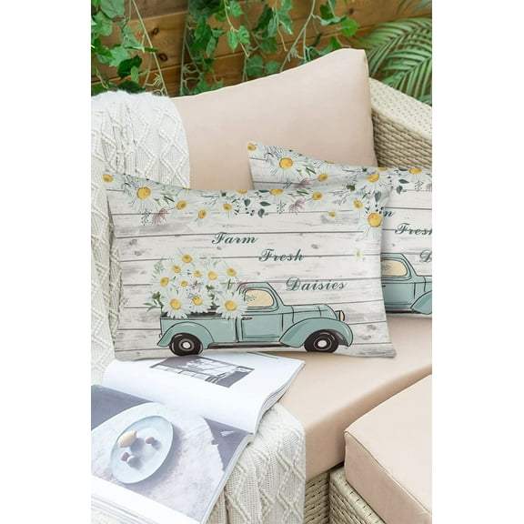 Spring Farm Truck Pull White Daisy Flower Outdoor Pillow Covers Waterproof Throw Pillow Cover 20x12in Set of 2,Rectangle Decorative Pillowcases Cushion Case for Patio Sofa Couch,Rustic Wood Grain
