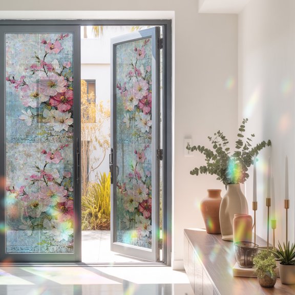 Spring Farm Watercolor Floral Window Privacy Film, Rainbow Film Decorative Window Sticker 23.6x78.7in, Vintage Old Newspaper Sun Blocking Static Stained Glass Cling Tint Non-Adhesive