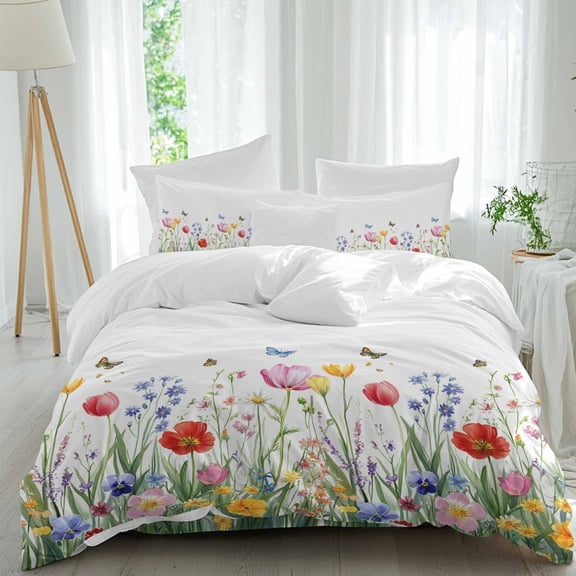 Spring Farmhouse 4 Piece Duvet Cover Set Twin Size Floral Nature Colorful Flowers Butterfly Soft Bedding Set Comforter Cover, 1 Duvet Cover 1 Flat Sheets and 2 Pillowcases