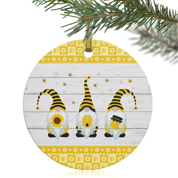 Spring Farmhouse Cute Gnome with Bee Christmas Ceramic Ornament 2025,3" Round Xmas Tree Hanging Accessories with Gold Ribbon