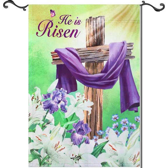 Spring Farmhouse Easter Garden Flag 12x18 Vertical Double Sided, He is Risen Lily Cross Outdoor Decor