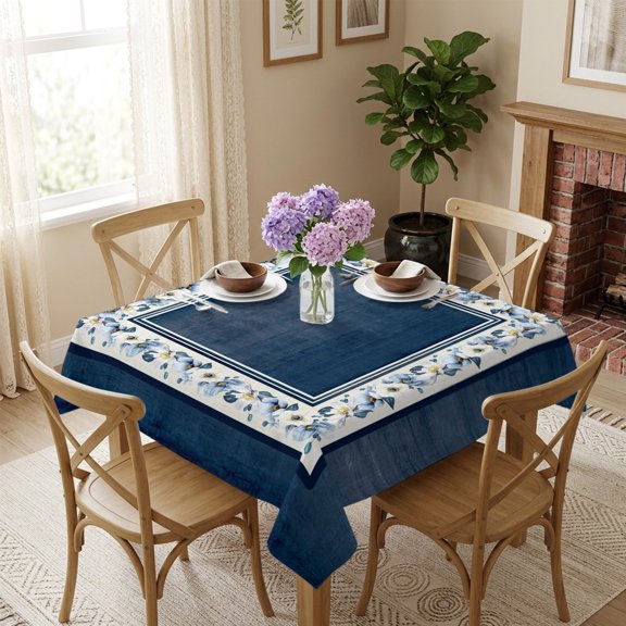 Spring Farmhouse Floral Square Tablecloth 54x54 Inch Vintage Navy Blue Waterproof Polyester Table Cover, Washable Stain Resistant Tablecloth for Dining Table Kitchen Wedding