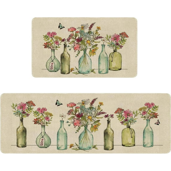 Spring Farmhouse Flowers Vase Kitchen Rugs and Mat Set of 2,Watercolor Floral Kitchen Mats for Floor, Seasonal Kitchen Sink Decor Doormat+Runner Rug