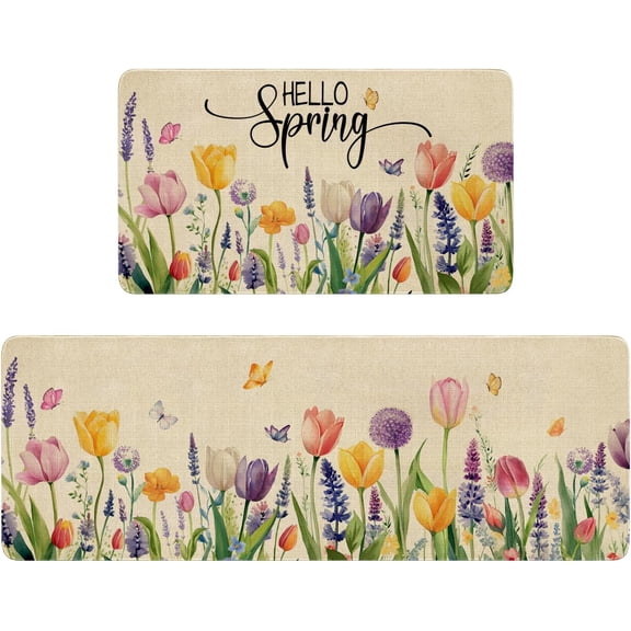 Spring Farmhouse Kitchen Rugs and Mats Set of 2,Lavender Tulip Kitchen Mat,Hello Spring Non Slip Washable Kitchen Floor Sink Mats Decorations for Home Kitchen 18"x48"+18"x30"