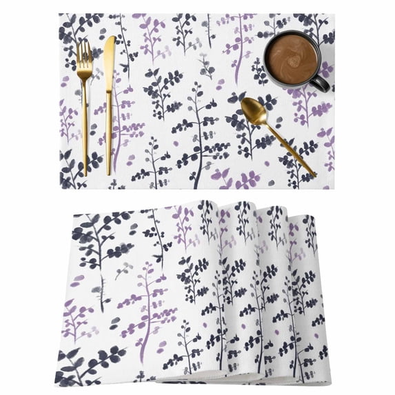 Spring Farmhouse Navy Blue Purple Leaves Placemats Set of 6,Wipeable Washable Table Mats for Dining Tables, Pastoral Plants Place Mats for Kitchen Event Party Tabletop Decor