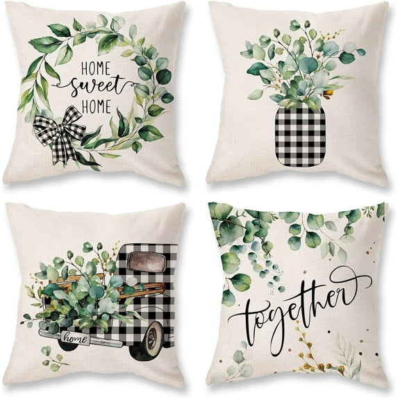Spring Farmhouse Pillow Covers 20x20 Set of 4 Buffalo Plaid Floral Truck Pillowcases Home Sweet Home Bloom Flower Home Decor Eucalyptus Leaves Cushion Cases for Couch Sofa Patio Balcony