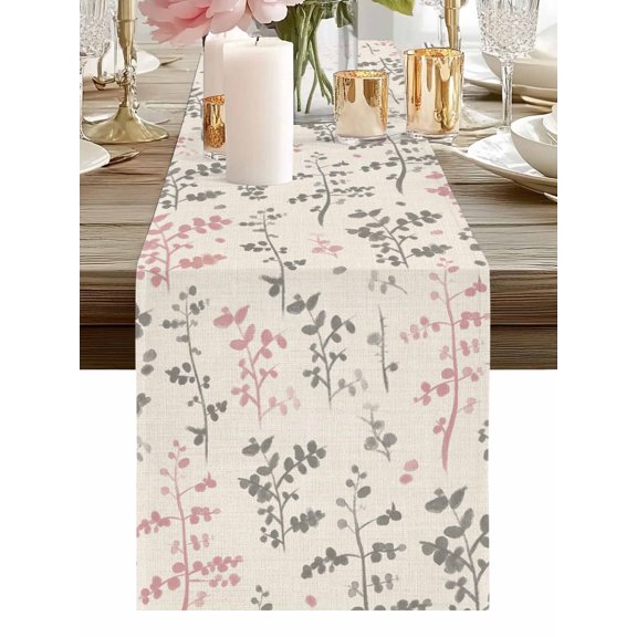 Spring Farmhouse Pink Grey Leaves Table Runner-36 Inch Long Leaf on Retro Linen Table Runners Linen Burlap Tablerunner for Kitchen Dining Room Holiday Party