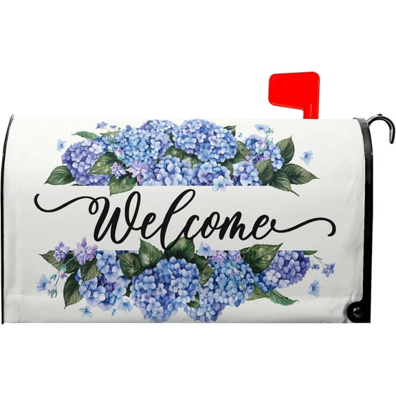 Spring Farmhouse Welcome Magnetic Mailbox Cover 25x21in Large Blue Hydrangea Post Box Cover for Home Outdoor Outside
