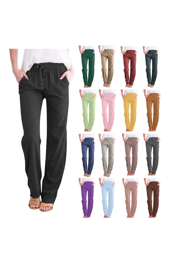 Plus Size Casual Cotton Linen Solid Drawstring Elastic Waist Long Straight Linen Pants for Women Khaki Size 3XL