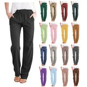 Fashion New Arrivals,POROPL Casual Pockets Cotton Linen Solid Drawstring Elastic Waist Long Straight Black Pants for Women Work Casual Clearance Black Size L