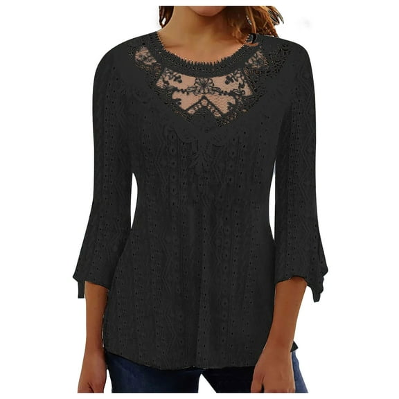 Spring Fashion!DianGeFu Womens Long Sleeve Blouses Plus Size Fashion Casual,Fashion Women Solid Lace Long Sleeve Three-quarter Sleeve Split Joint Blouses,Black,L