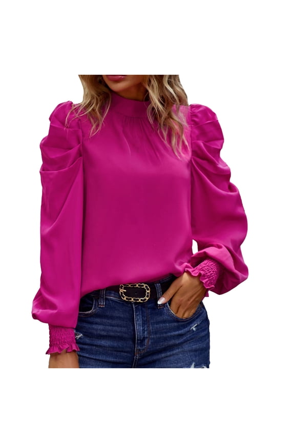 Spring Fashion!DianGeFu Womens Long Sleeve Shirts 50% Off Clear,Women's Solid Color Long Sleeve Half High Collar Bubble Sleeve Top Casual Shirt Long Sleeve High Collar Top/shirt,Hot Pink,XL
