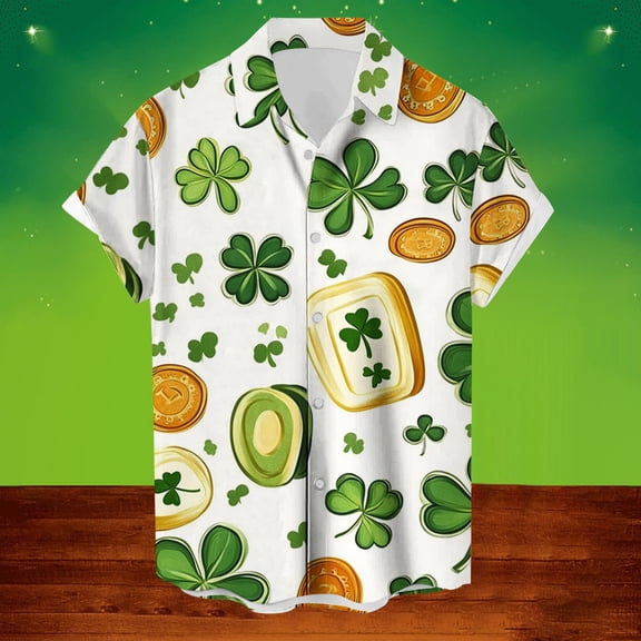 Spring Fashion Funny Shirts for Men under $10 Summer Shirts for Men Men Casual Fashion Turndown Collar St patricks Day Shirts Graphic Short Sleeve Button Shirt Tops Blouse White XXXXL