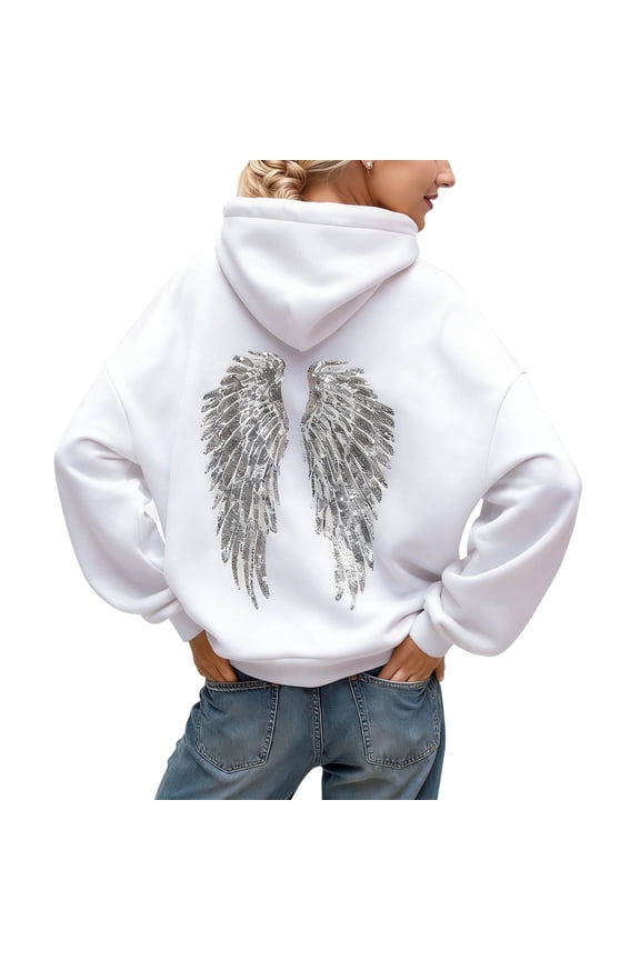 Spring Fashion Hoodie for Women with Wing Sequin Design Cozy Pullover Casual Loose Fit Long Sleeve Sweatshirt for Daily Wear Hooded White XL