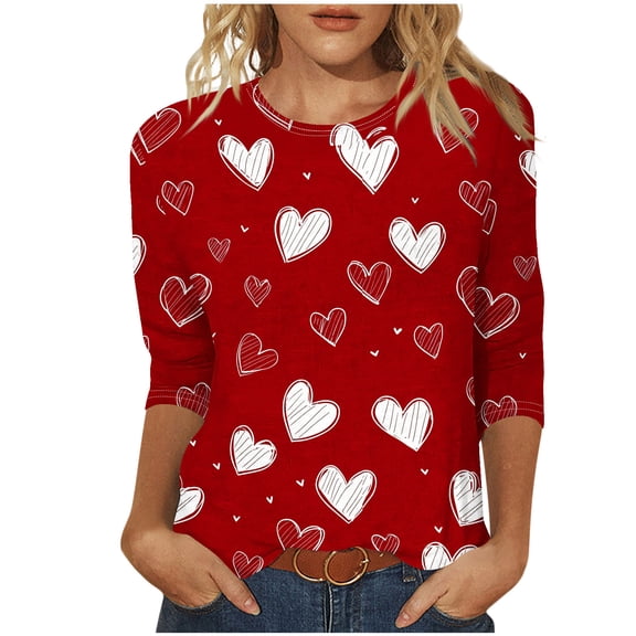 Spring Fashion Must Haves Ladies 3/4 Sleeve Round Neck Valentine Heart Print Shirts Tops Blouse My Items