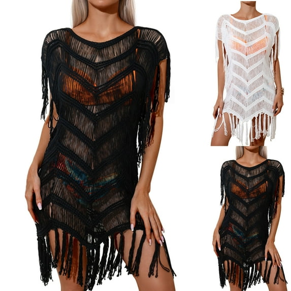 Spring Fashion Savings AXXD Black Cover Up Women Solid Color Hollow Tassel Knit Beach Bikini Cover Up Dress Cover Up