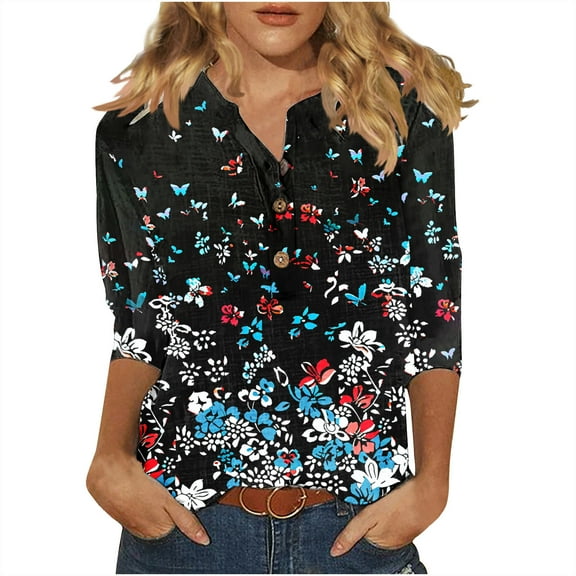 Spring Fashion Summer Tops for Women under $10 Cotton Linen Round Neck Graphic/Floral Print 3/4 Sleeve Plus Size Shirts Blouses for Women $5 Workout Casual Tunic Tops Black XL
