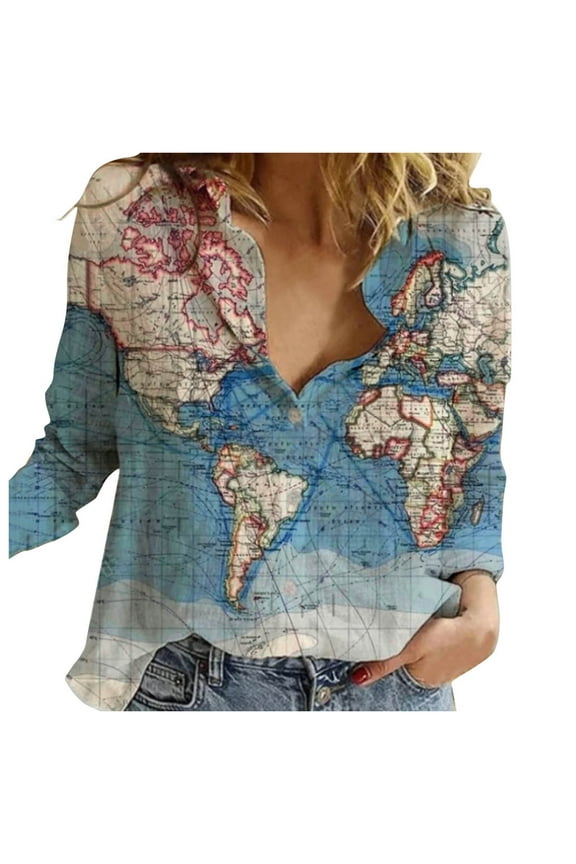 Spring Fashion Women Blouse Top Womens Lapel Button Shirt World Map Print Long Sleeve Loose Casual Top